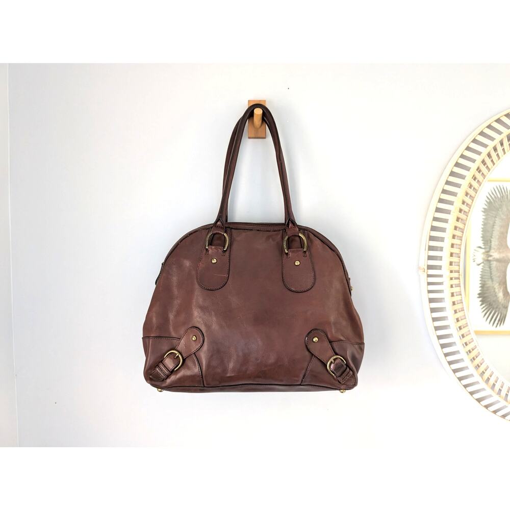 BANANA REPUBLIC Brown Leather Bowling Satchel Shoulder Bag Brass Buckles